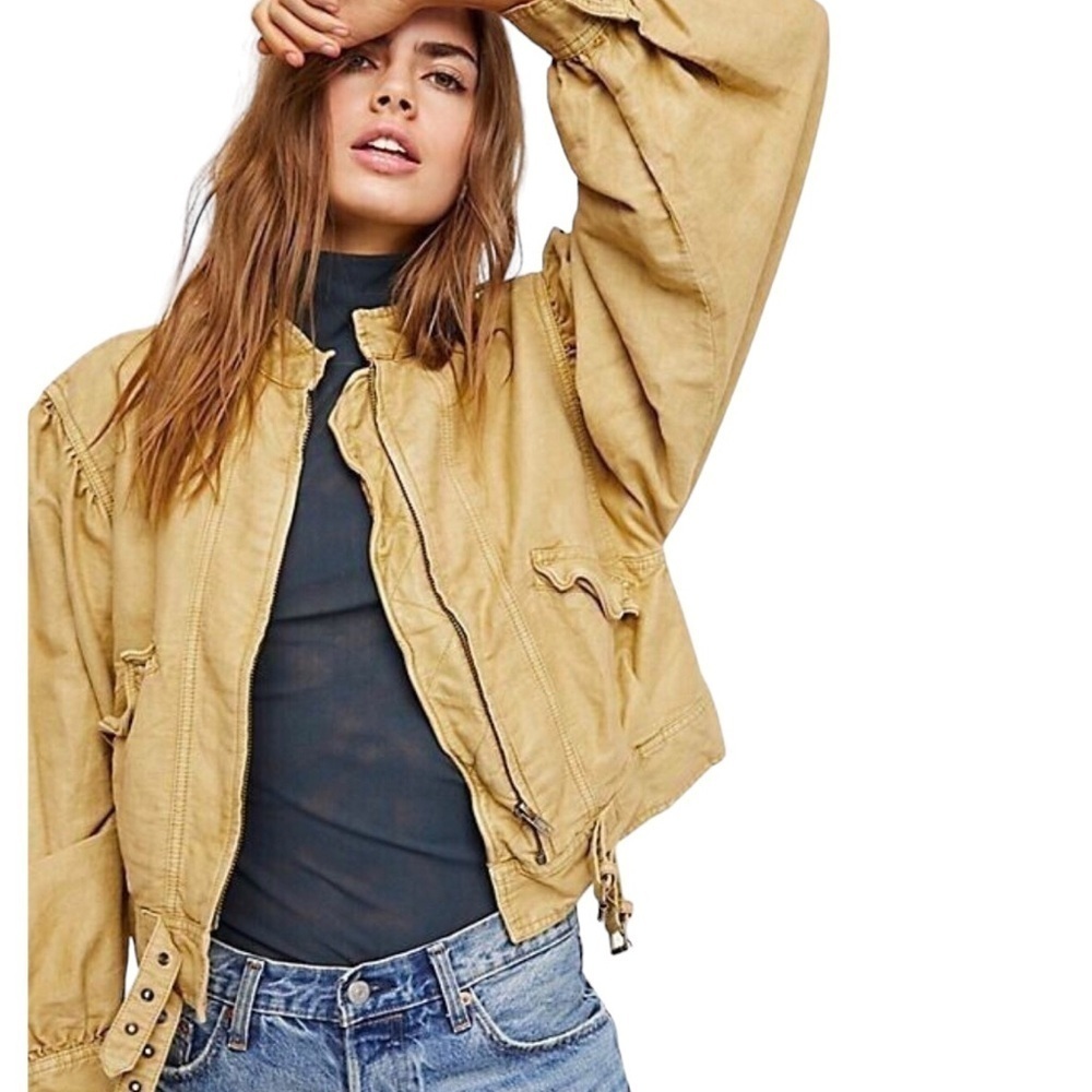 Free People Jacket Womens‎ Size M Tan Fawn Poet Puff Sleeve Utility Bomber Coat - Picture 3 of 14